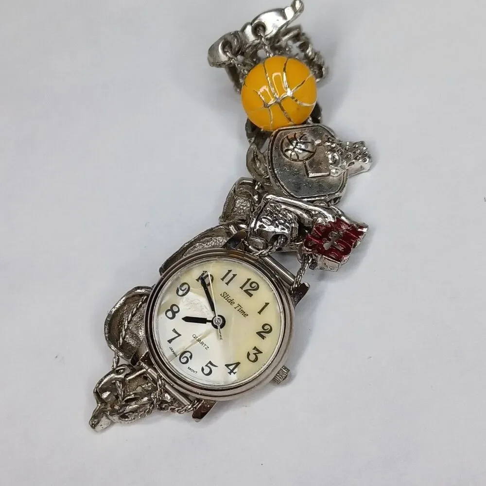 Slide Time Basketball Watch Women Charm Bracelet Mother of Pearl 7 1/4